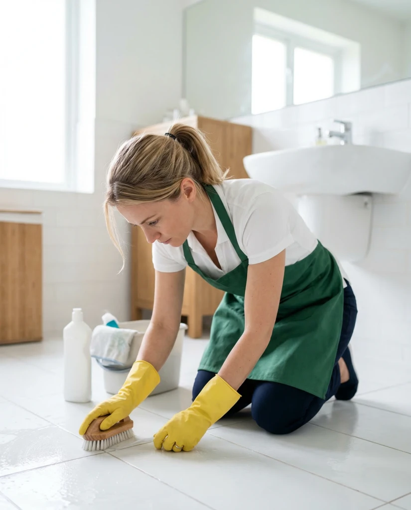 A cleaner scrubbing a bathroom floor