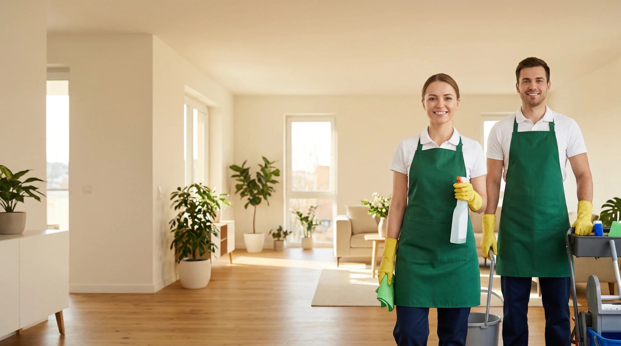 Two Cleaneva cleaners standing in a bright living room