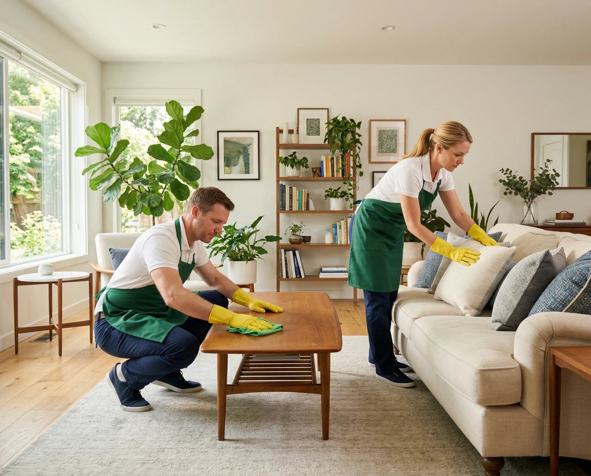 Two cleaners tidying a living room together