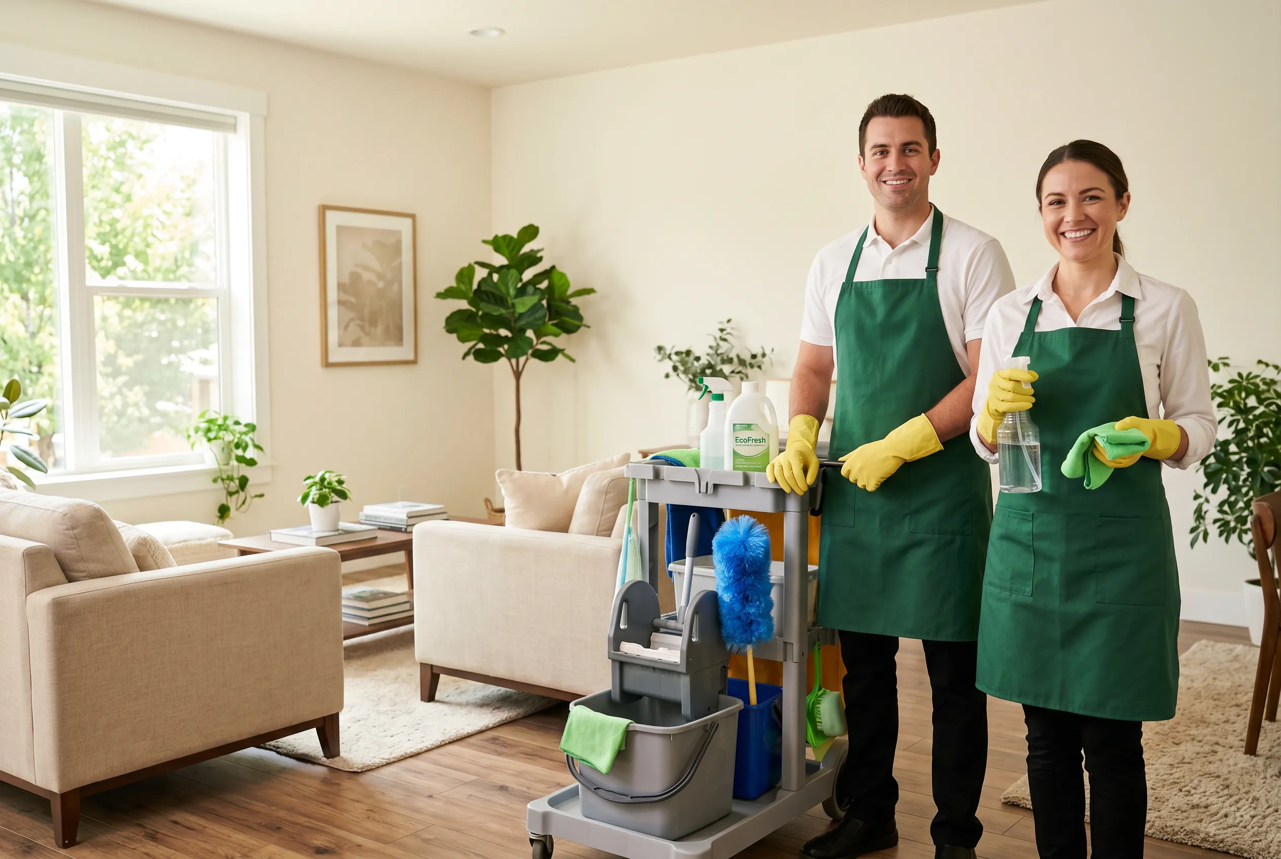 Two Cleaneva cleaners with their trolley in a bright living room
