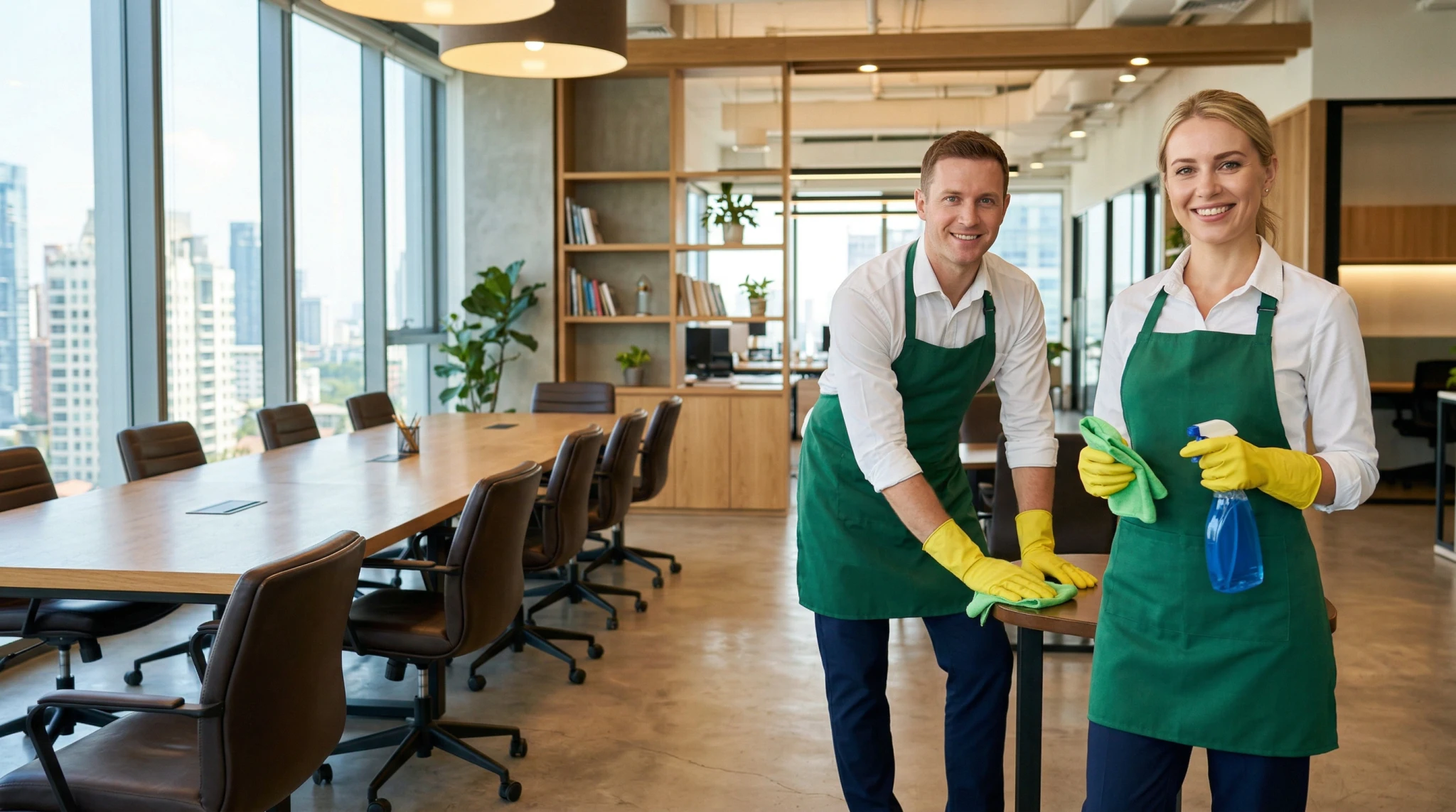 Two cleaners working in an open-plan office