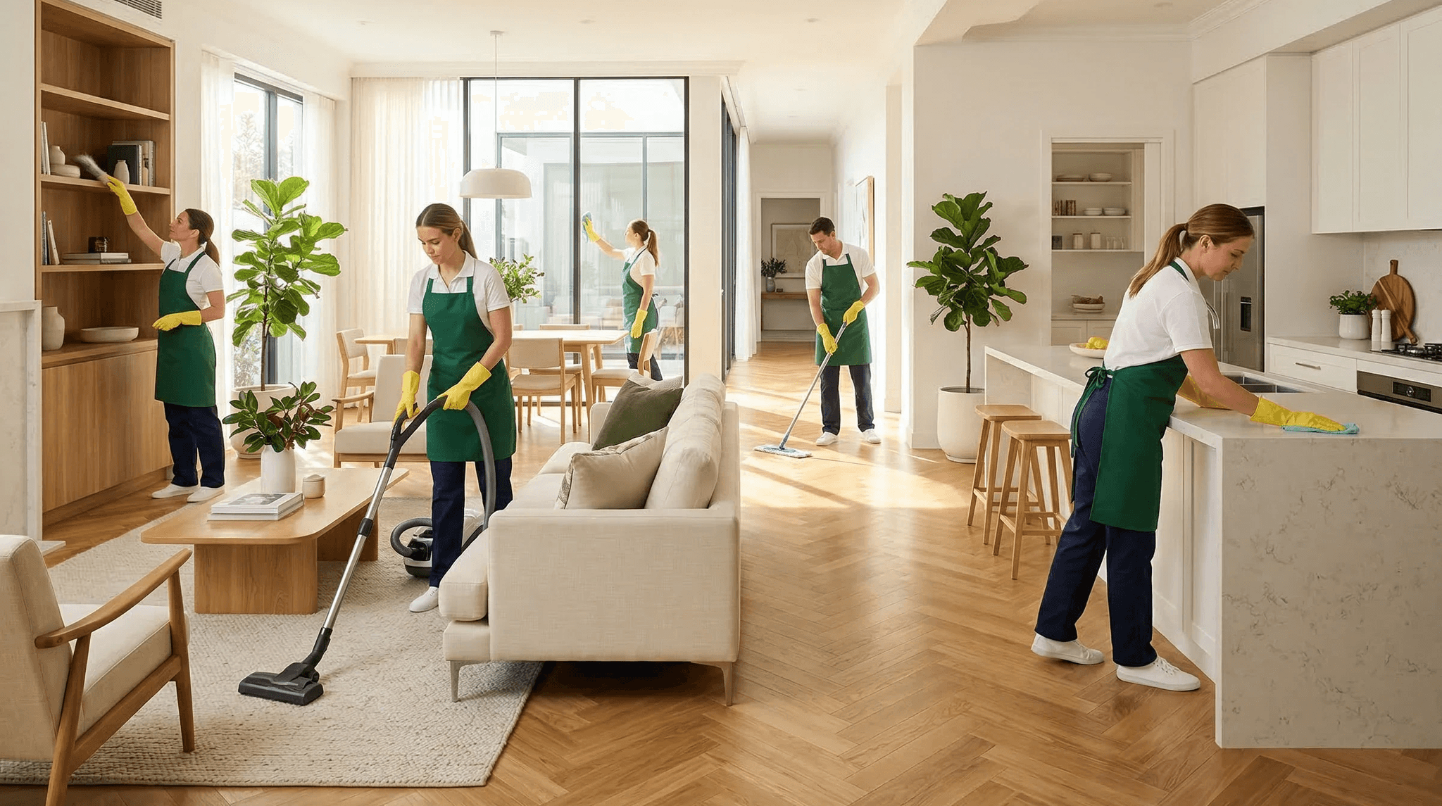 A cleaning team working through a bright open-plan home