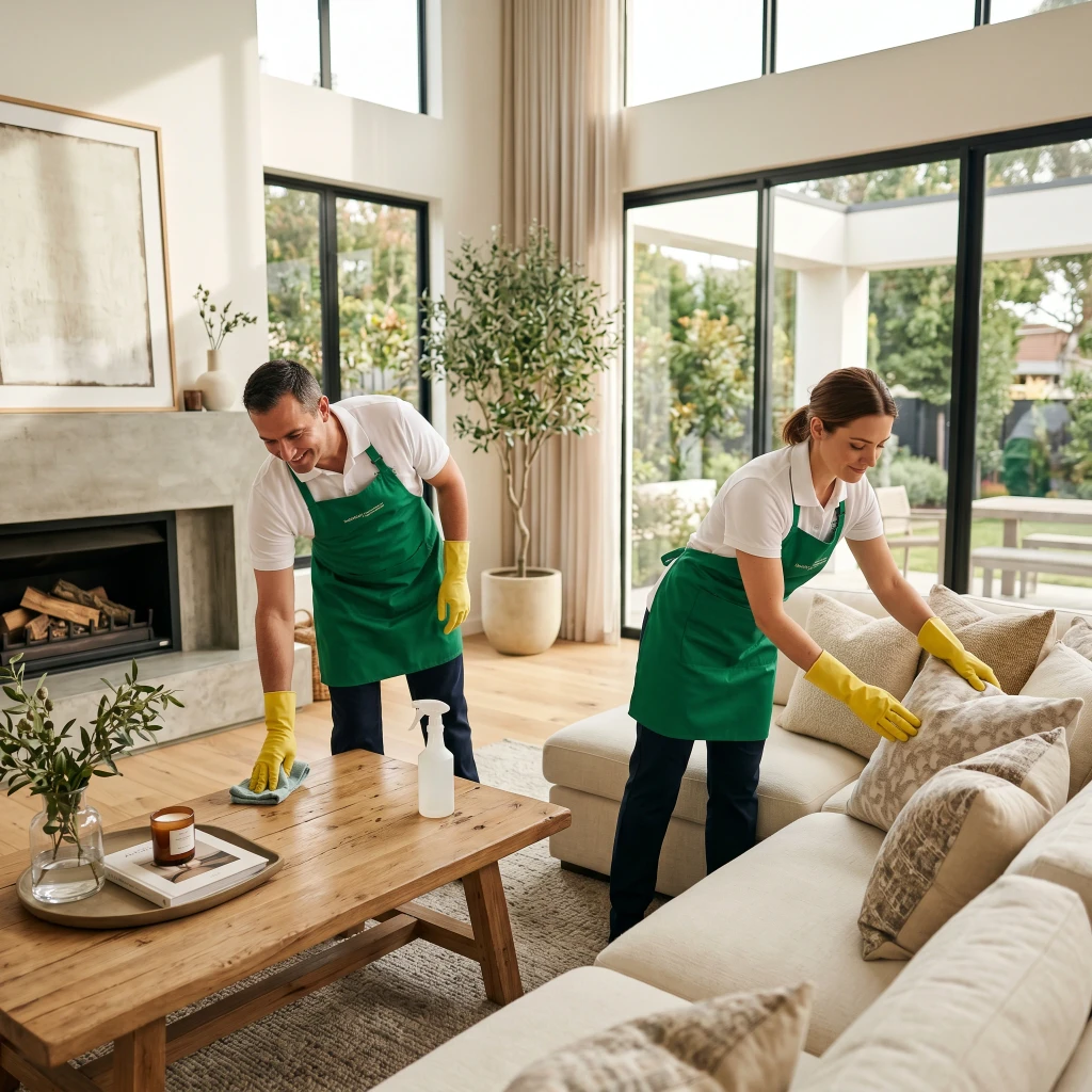 Two cleaners tidying a bright open-plan living room