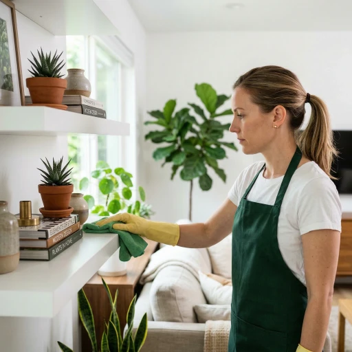 A cleaner dusting a living-room shelf