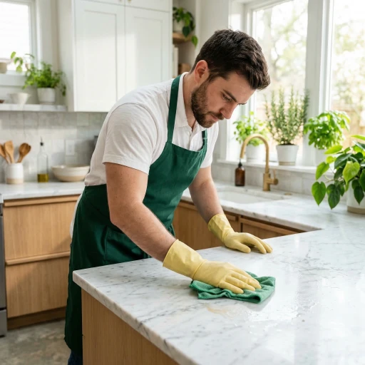 A cleaner wiping a kitchen worktop