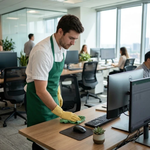 A cleaner wiping a desk in an open-plan office