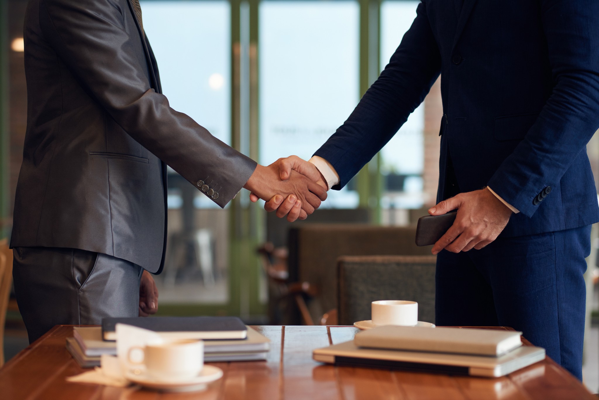 Two people shaking hands at the close of a consultation